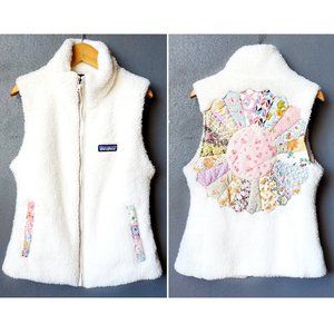 Patagonia Synchilla Vintage Fabric Quilted Patchwork Vest Hand Stitch Embroidery